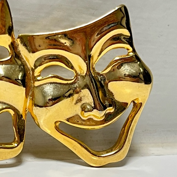 Vintage Comedy and Tragedy Mask Gold-Plated Brooch - Picture 2 of 4